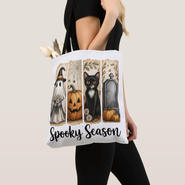 Bolso De Tela Spooky Season Halloween Black Cat, Ghost, Pumpkin  (Detalle)