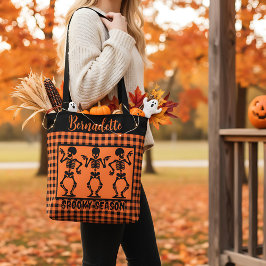 Bolso De Tela Spooky Season Skeleton Trio Orange & Black Plaid