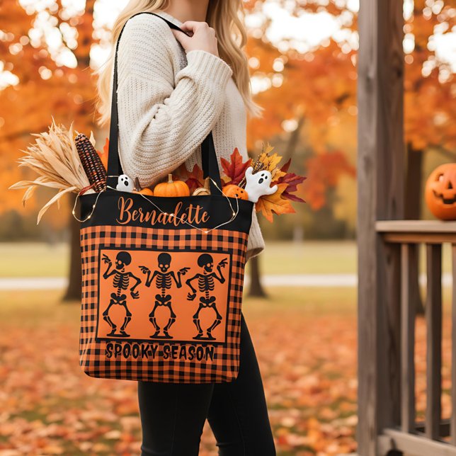 Bolso De Tela Spooky Season Skeleton Trio Orange & Black Plaid  (Subido por el creador)