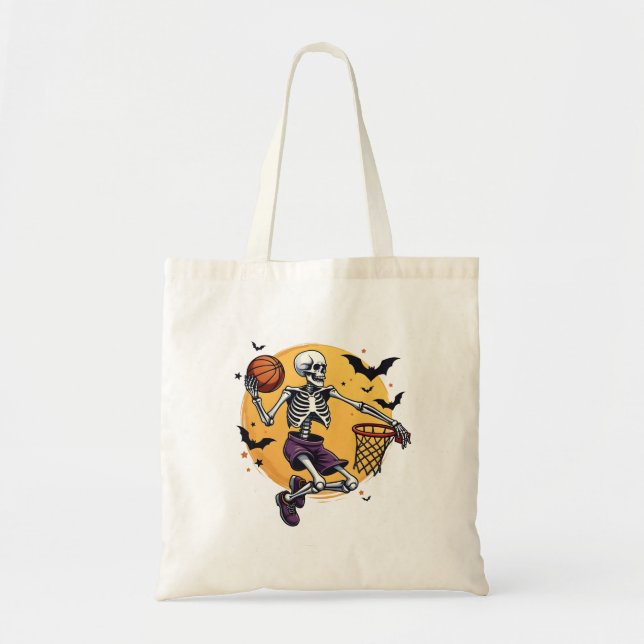 Bolso De Tela Spooky Skeleton Dunking Basketball Graveyard Hallo (Frente)