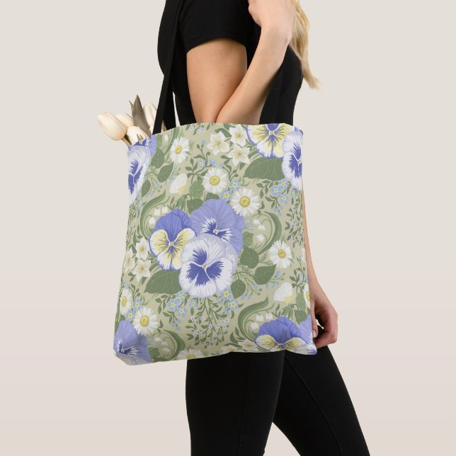 Bolso De Tela Spring Garden flowers on sage (Detalle)