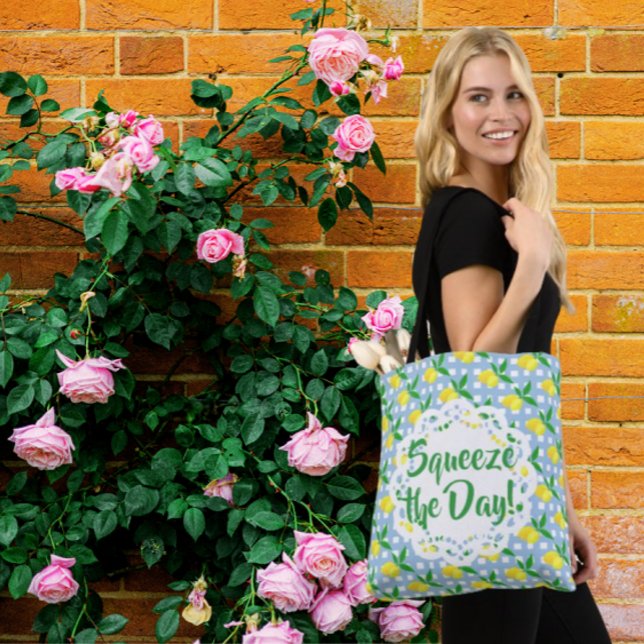 Bolso De Tela Squeeze The Day Yellow Lemons Blue White Check (Start the day with a squeeze!)