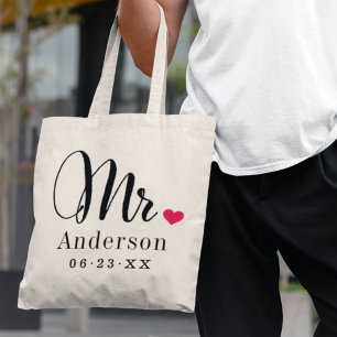 Bolso De Tela Sr Script Elegante Corazón Monograma Personalizado