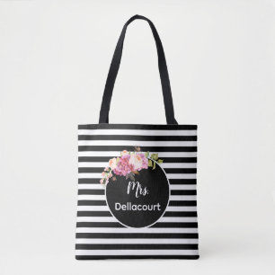 Bolso De Tela Sra. con franjas y flores negras y blancas Persona