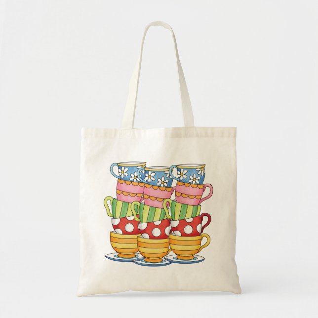 Bolso De Tela Stacked Teacups Teatime Illustration (Frente)