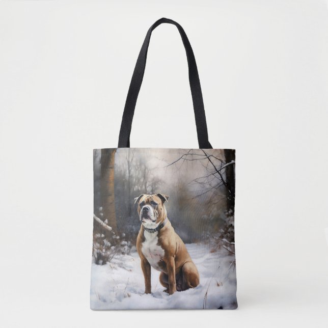 Bolso De Tela Staffordshire Bull Terrier Deja Que Nieva Navidade (Anverso)
