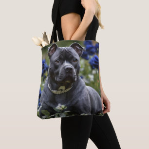 Bolso De Tela Staffordshire Bull Terrier In Blue Rosa Garden,