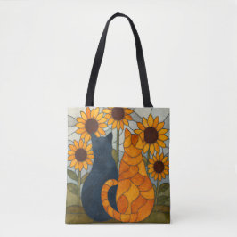 Bolso De Tela Stained Glass Cats and Sunflowers Art Design