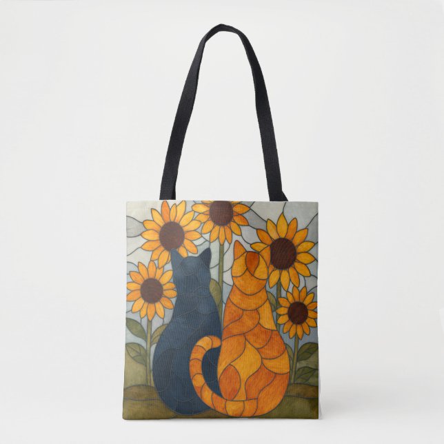 Bolso De Tela Stained Glass Cats and Sunflowers Art Design (Anverso)