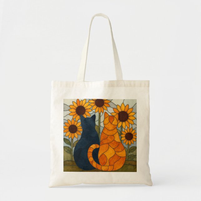 Bolso De Tela Stained Glass Cats and Sunflowers Art Design (Frente)