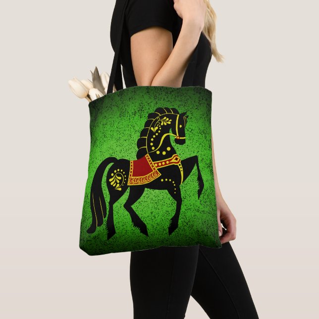 Bolso De Tela Stallion negro frisón/belleza negra, verde de caba (Detalle)