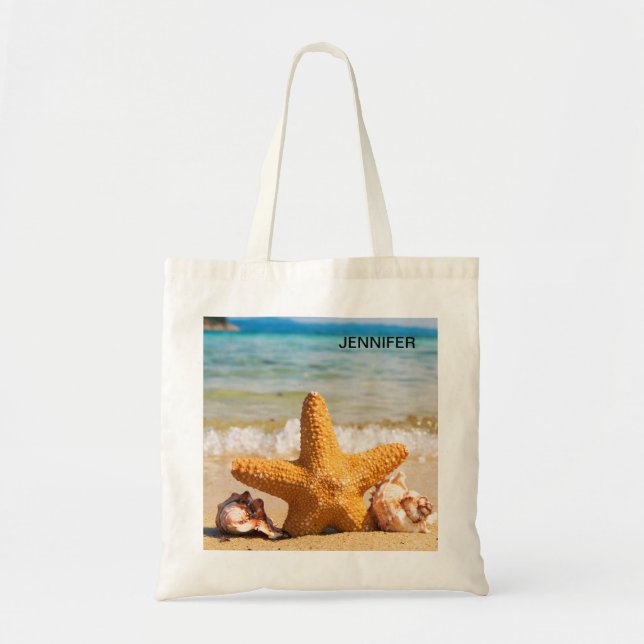 Bolso De Tela Starfish and Seashells on the Beach Personalized (Frente)
