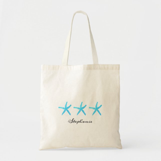 Bolso De Tela Starfish Verde azulada Blue Monogramas Cute Playa  (Frente)