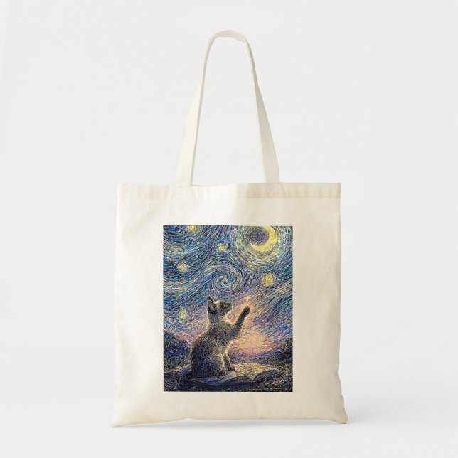Bolso De Tela Starry Night Cat – Van Gogh Style Art  (Frente)