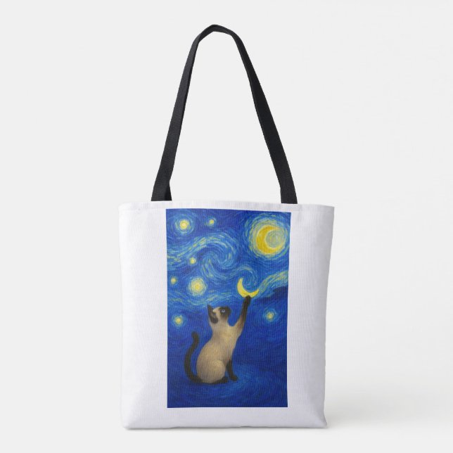 Bolso De Tela Starry Night Siamese Cat Moon  (Reverso)