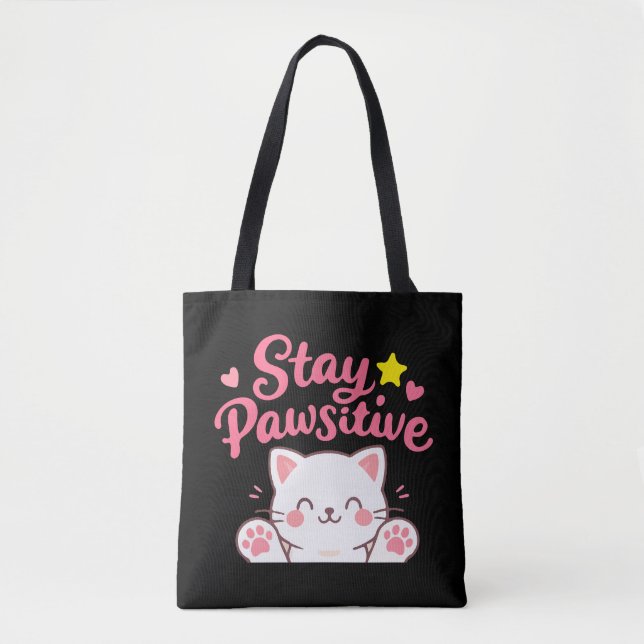 Bolso De Tela Stay Pawsitive – Cute Cat Motivational Quote Desig (Anverso)