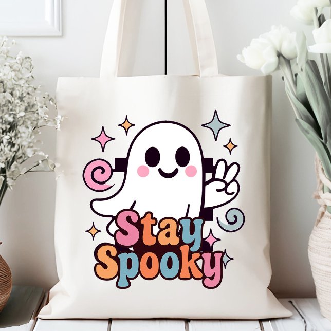 Bolso De Tela Stay Spooky Groovy Ghost Retro Pastel Halloween (Celebrate Halloween season in style with this groovy ghost stay spooky design.)