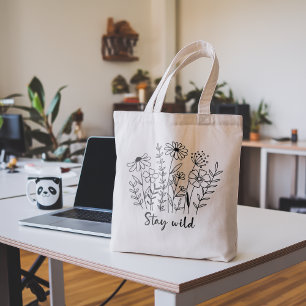 Bolso De Tela Stay Wild Floral Boho Line Art