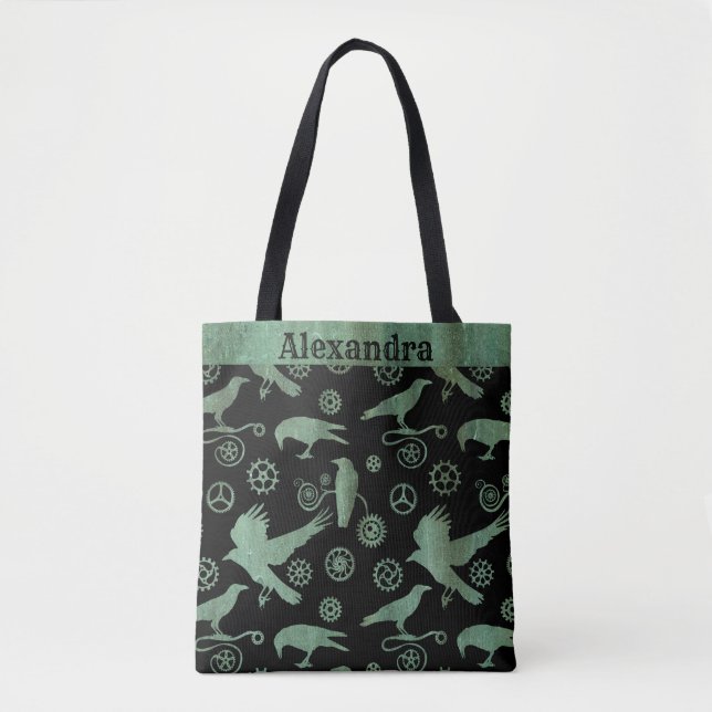 Bolso De Tela Steampunk Verdigris Bronze Gears y Crows Personali (Anverso)