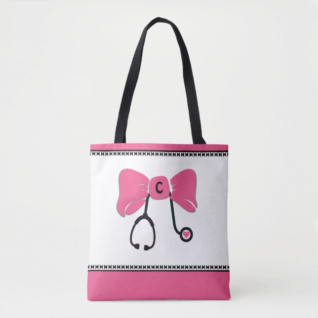 Bolso De Tela Stethoscope Bow rosa y blanco (Anverso)