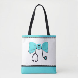 Bolso De Tela Stethoscope Bow Verde azulado y blanco