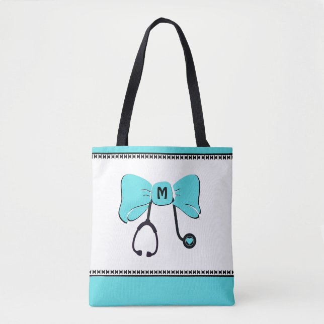 Bolso De Tela Stethoscope Bow Verde azulado y blanco (Anverso)