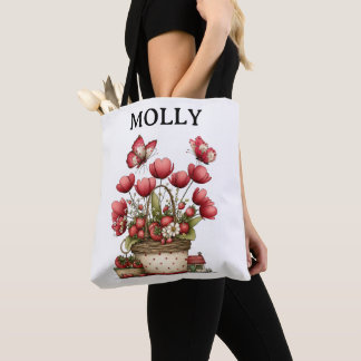 Bolso De Tela Strawberry Flower Basket with Butterflies and Name