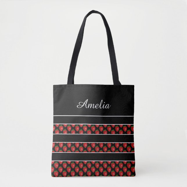 Bolso De Tela Strawberry Stripes Black Personalised (Anverso)
