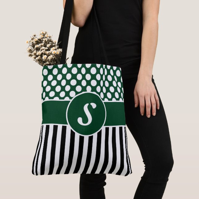 Bolso De Tela Su nombre es Green White Stripes Polka Dot Bag (Detalle)