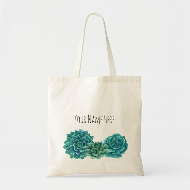 Bolso De Tela Succulents conocidos de encargo del verde azul (Frente)