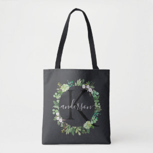 BOLSO DE TELA SUCULENT WREATARE FOLIAGE WATERCOLOR MONOGRAM