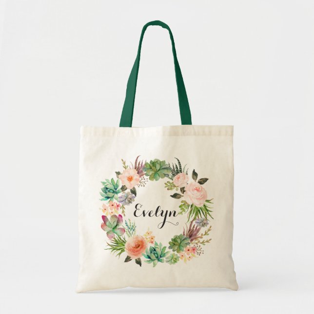 Bolso De Tela Suculentas vegetación floral Rubor Peach (Frente)