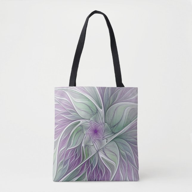 Bolso De Tela Sueño de flores, abstracto arte fractal verde púrp (Anverso)