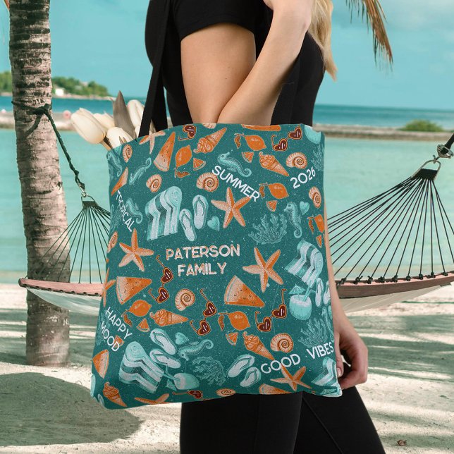 Bolso De Tela Summer Beach Vibes Family Trip Retro Teal Custom (Subido por el creador)