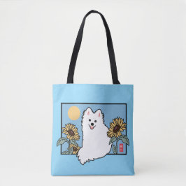 Bolso De Tela Summer Happy Spitz Dog sentado con girasoles
