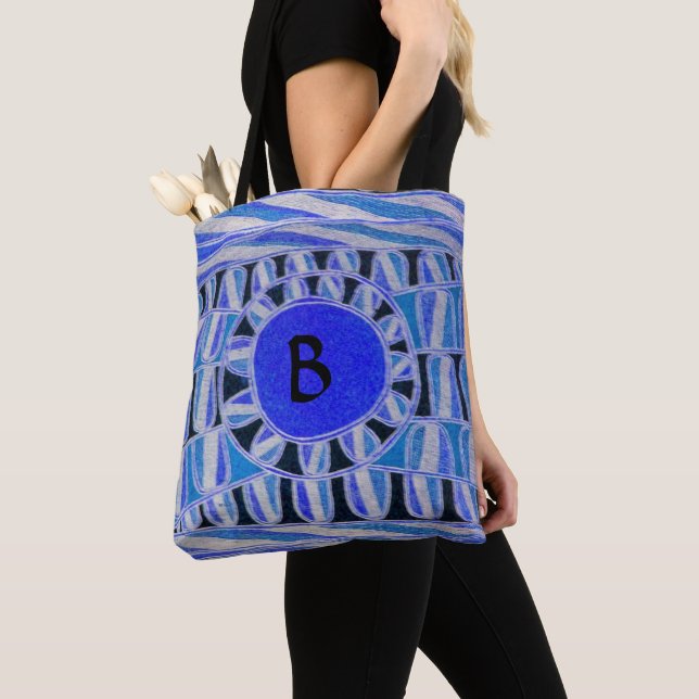 Bolso De Tela SUN SOLAR ENERGY MONOGRAM Aqua Blue Black (Detalle)