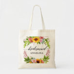 Bolso De Tela Sunflower Boho Floral Calligraphy Bridesmaid<br><div class="desc">Escritura moderna de caligrafía,  acuarela Floral de girasol con Rosas,  peonías y Boda verde de la dama de honor Tote Bag</div>