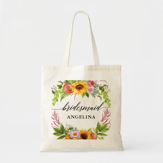 Bolso De Tela Sunflower Boho Floral Calligraphy Bridesmaid (Frente)