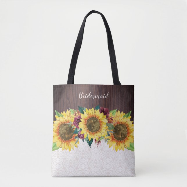 Bolso De Tela Sunflowers Lace Wood Burgundy Flowers Bridesmaid (Anverso)
