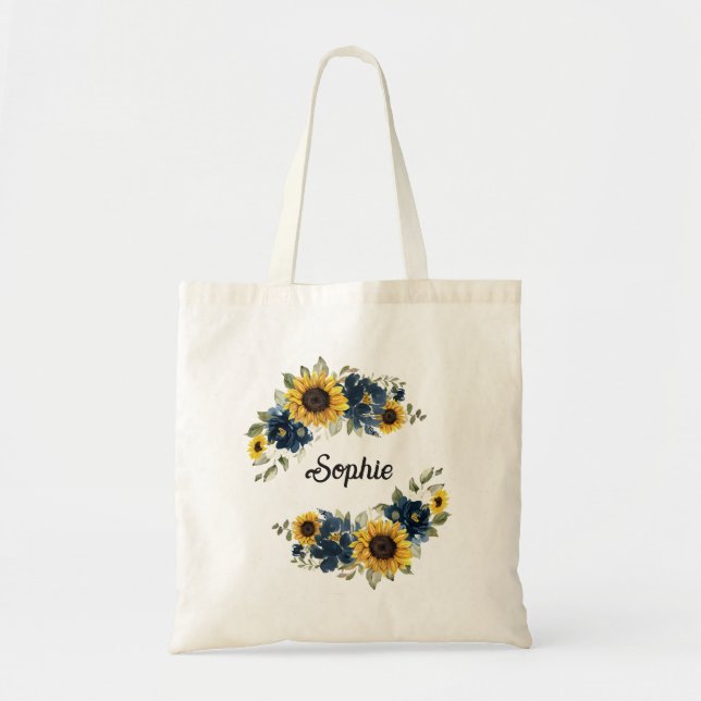 Bolso De Tela Sunflowers Navy Blue Floral Green Personalizadas (Frente)