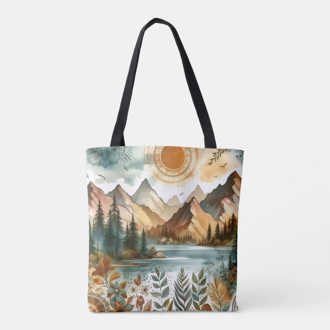 Bolso De Tela Sunny Rustic Boho Nature Pattern Mountain Lake (Reverso)