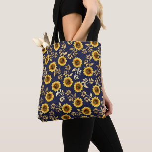 Bolso De Tela Sunny Yellow Gold Navy Sunflowers deja el patrón