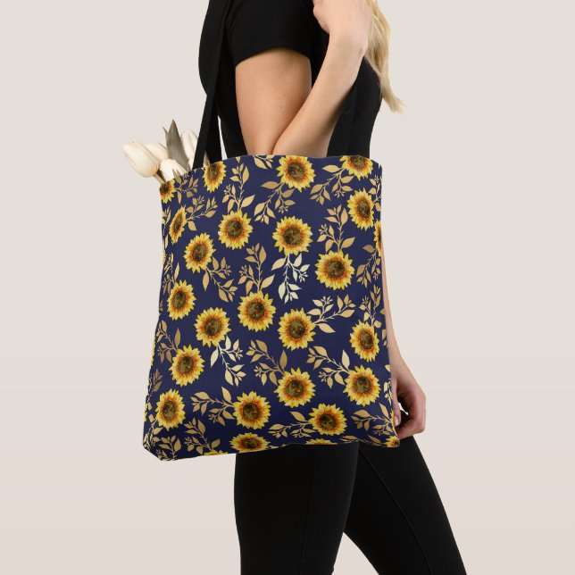 Bolso De Tela Sunny Yellow Gold Navy Sunflowers deja el patrón (Detalle)