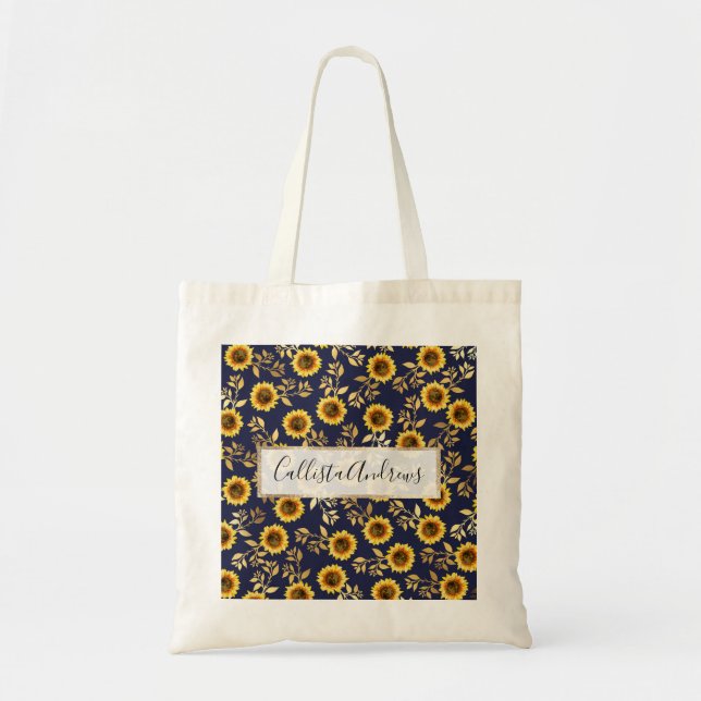 Bolso De Tela Sunny Yellow Gold Navy Sunflowers deja el patrón (Frente)