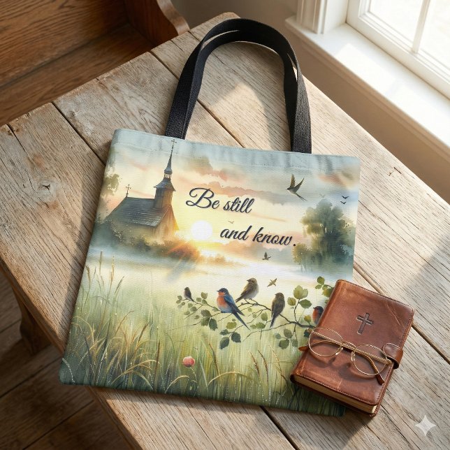 Bolso De Tela Sunrise Church with Birds in Misty Meadow (Sunrise Church with Birds in Misty Meadow Tote Bag On Wood Table)