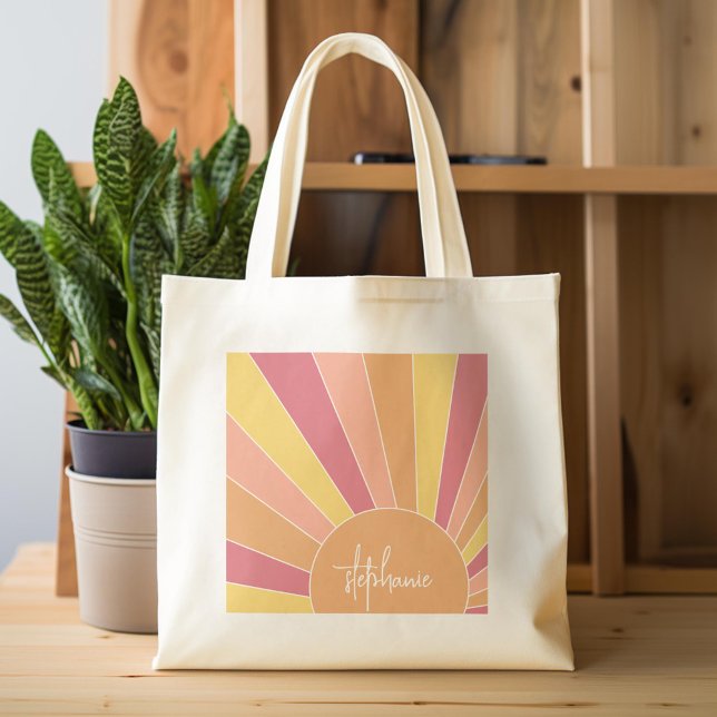 Bolso De Tela Sunrise de rayas retro - nombre de guión de arcoir (Custom Tote Bag)