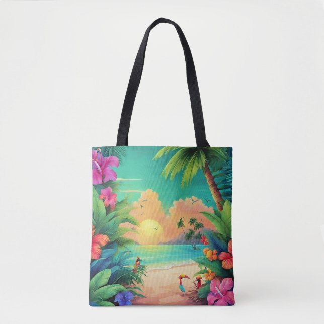Bolso De Tela Sunset de playa tropical con flores de Hibiscus (Anverso)