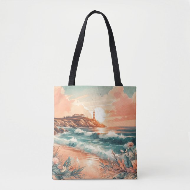 Bolso De Tela Sunset Lighthouse Ocean Beach Boho Floral (Anverso)