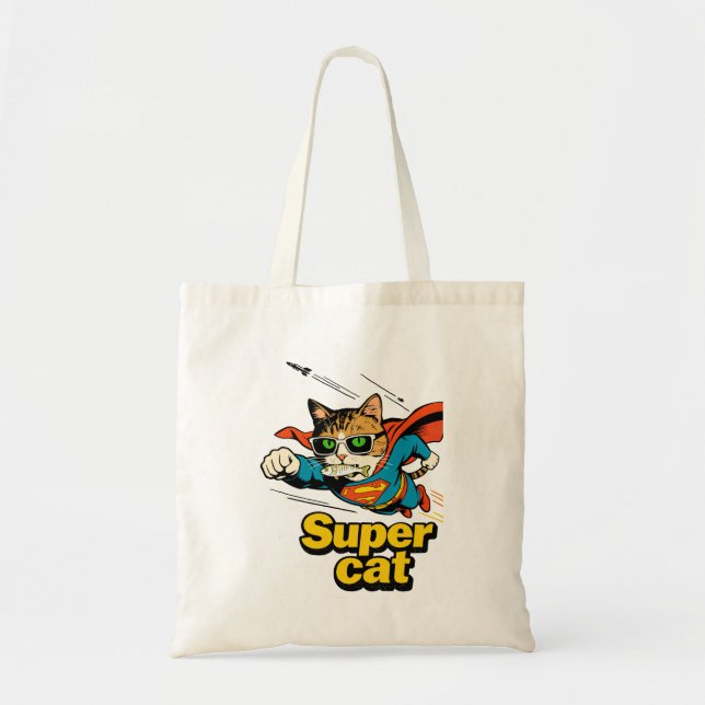 Bolso De Tela Super Gato Vuela con Pescado  (Frente)