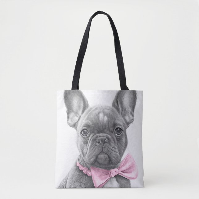 Bolso De Tela Super lindo Sketch Frenchie cachorro con arco rosa (Anverso)